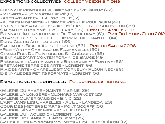 Expositions collectives   collective exhibitions

Biennale Peintres De Bretagne - St Brieuc (22)
«Ml’Arts» - St Martin De Ré (17)
«Arts Atlantic» - La Rochelle (17)
«Autres Regards» - Espace Rex - Le Pouliguen (44)
«Infinis Paysages» - Espace Mélanie - Riec sur Belon (29)
Salon De Thorigné - Fouillard (35) - Prix De La Ville 2017
Biennale Internationale De Tinchebray (61) - Prix Du Lyons Club 2012
20 Ans CDPP - Musée De L’Imprimerie - Nantes (44)
Euro Celtic Art - Lorient ( 56)
Salon des Beaux Arts - Lorient (56)  - Prix du Salon 2006
«Ramp’Art» - Chateau de Flamanville (50)
Grand Prix De Peinture de St Grégoire (35)
Biennale d’Art Contemporain de Baugé (49)
Présence « l’art vivant en Bretagne » - Pontivy (56)
Bretagne Terre des Arts - Lorient (56)
Ria des Arts - Chapelle St Cornely - Plouhinec (56)
Biennale des petits formats - Lorient (56)

Expositions personnelles   Personnal exhibitions

Galerie Du Phare - Sainte Marine (29)
Galerie La Longère - Clohars Carnoët (29)
Galerie Olivier Gauden - Binic (22)
L’Art Dans Les Chapelles - ACBL - Landeda (29)
Cour Des Métiers D’Arts - Pont Scorff (56)
Galerie Sénac De Meilhan - Ile De Ré (17)
Galerie Du Faouëdic - Lorient  (56) 
Galerie De L’Angle - Paris 3ème (75)
Galerie Les Poissons Volants - Dolus D’Oléron (17)

